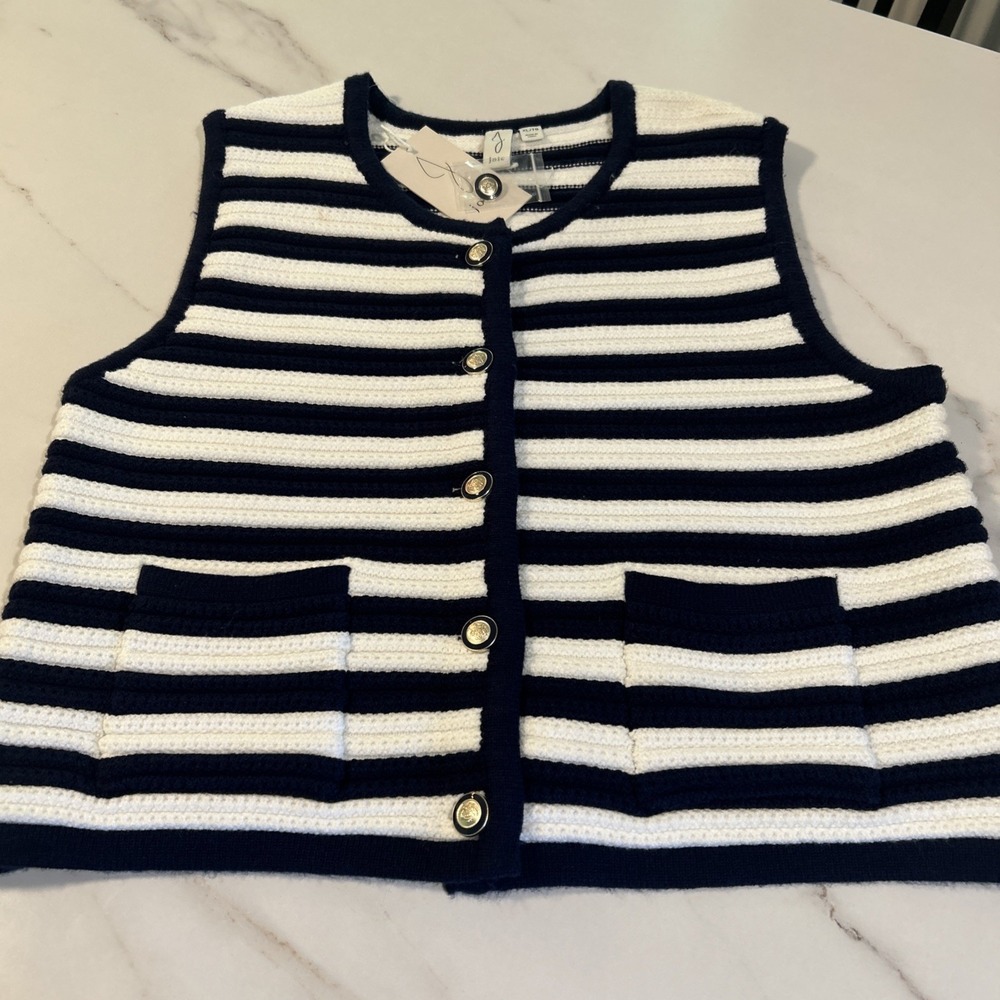Joie Women's sz XLCrochet Striped Chunky Knit Button-Up Vest Navy/White Nautical
